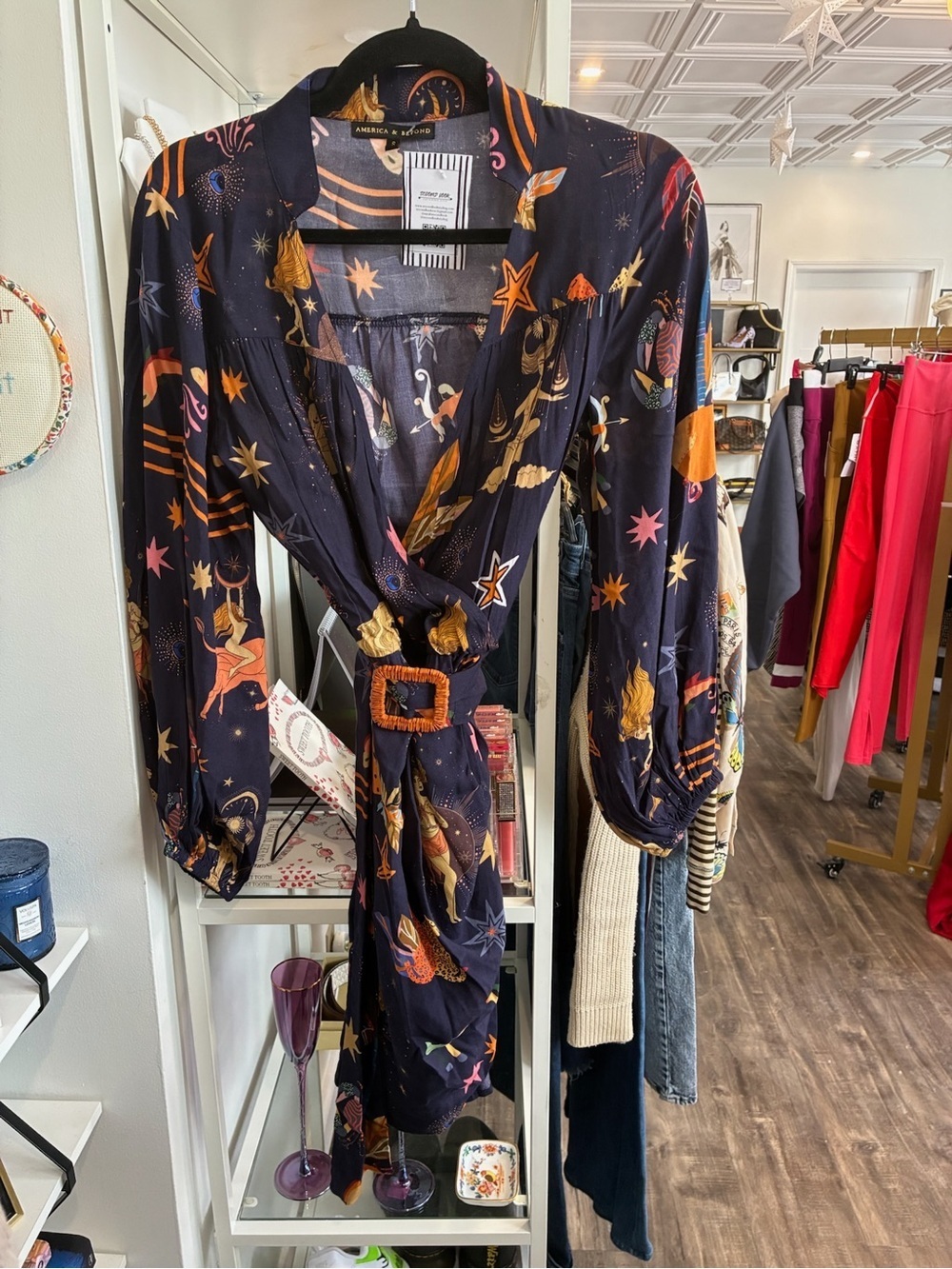 America & Beyond Celestial Print Wrap Dress - Navy, Orange, Gold